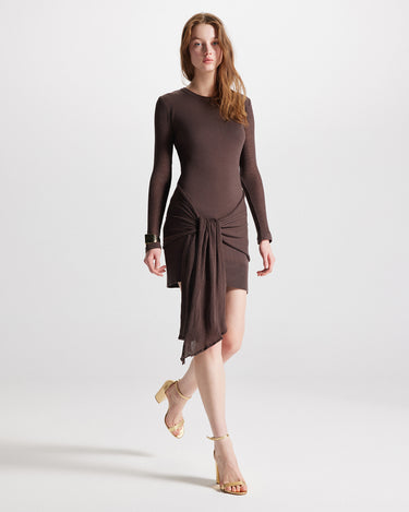 nomia draped knit dress sheer long sleeves by Theo