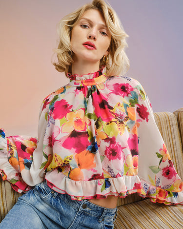 Theia Orchid Print Ruffle Blouse