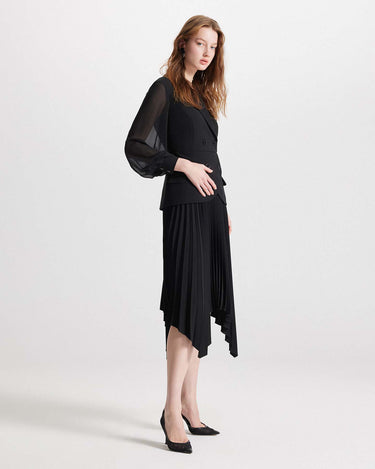 Atlas midi dress chiffon pleated sheer sleeves black by Theo