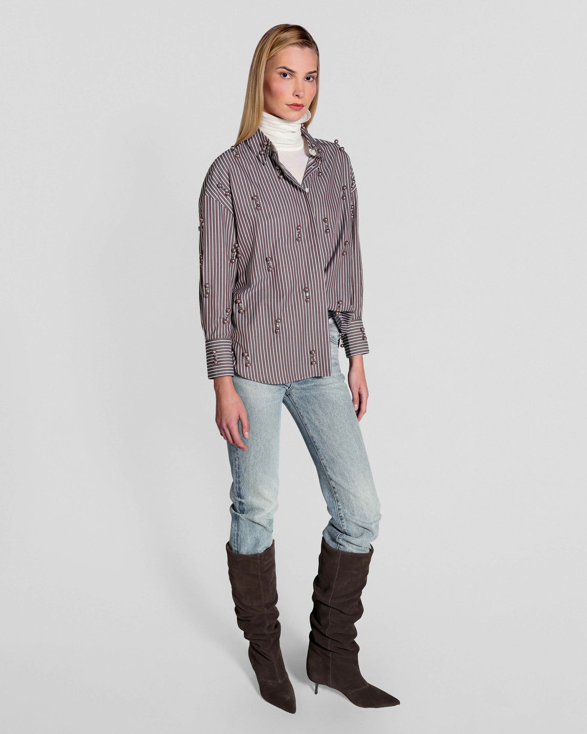 THEO The Label Echo Stripe Crystal Boyfriend Shirt