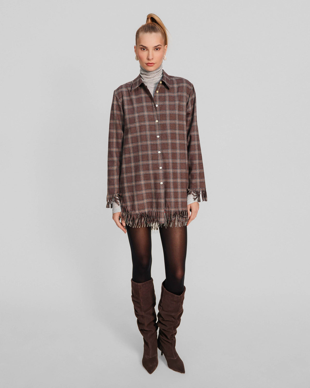 Europa Plaid Flannel Crystal Fringe Shirtdress
