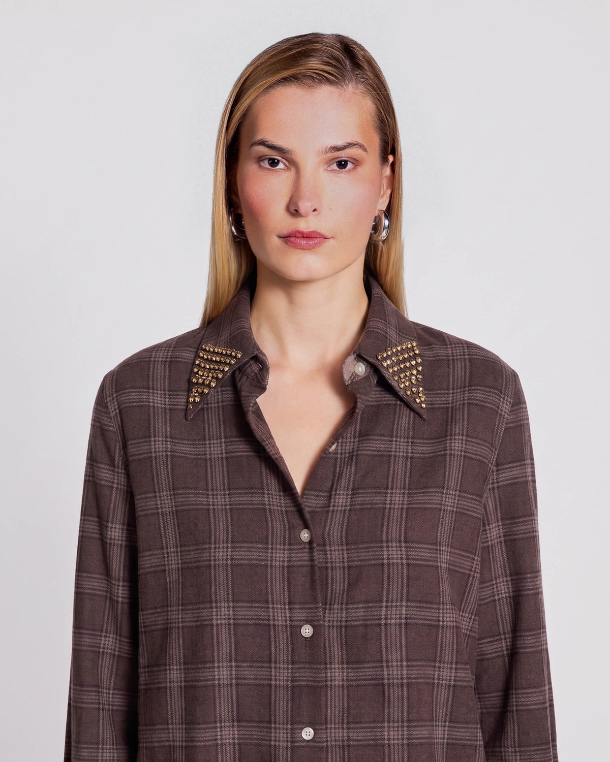 Europa Plaid Flannel Beaded Collar Shirt