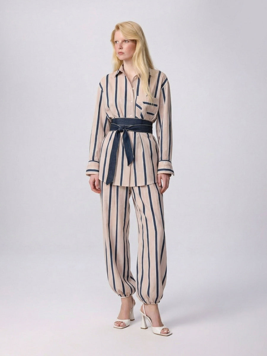 Ismene Side Button Boyfriend Stripe Shirt