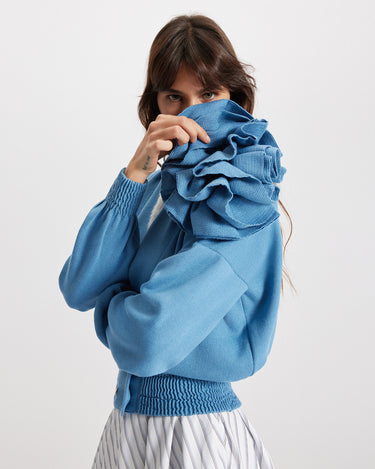 Nomia rosette cardigan in retro blue by Theo