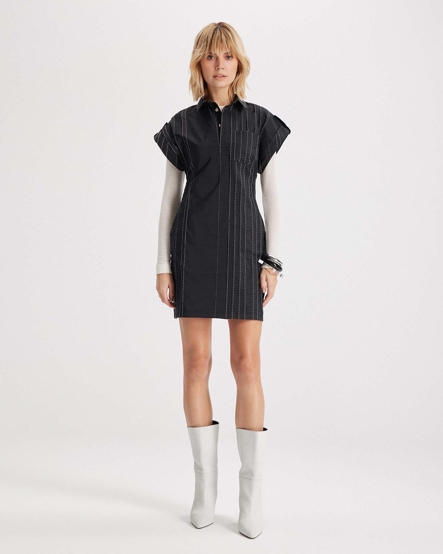 Theia Striped Taffeta Camp Dress