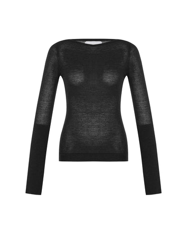 Nomia Sheer Knit Pullover with Boatneck in Black by THEO